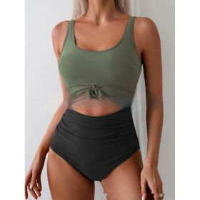 One-piece Female Stitching Contrast Color Strap Covered Belly Swimsuit (Option: Green Black-M)