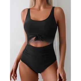 One-piece Female Stitching Contrast Color Strap Covered Belly Swimsuit (Option: Black-M)