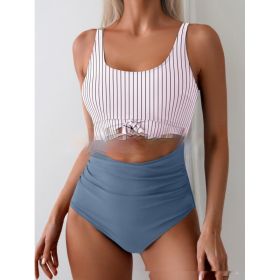 One-piece Female Stitching Contrast Color Strap Covered Belly Swimsuit (Option: Stripes Gray And Blue-L)