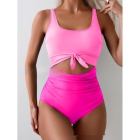 One-piece Female Stitching Contrast Color Strap Covered Belly Swimsuit (Option: Pink Rose Red-L)