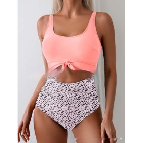 One-piece Female Stitching Contrast Color Strap Covered Belly Swimsuit (Option: Pink Flower-L)
