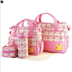5PCS Baby Nappy Diaper Bags Set Mummy Diaper Shoulder Bags W Nappy Changing Pad Insulated Pockets Travel Tote Bags (Option: Pink)