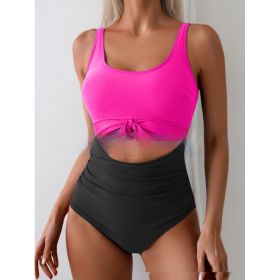 One-piece Female Stitching Contrast Color Strap Covered Belly Swimsuit (Option: Rose Red Black-XL)